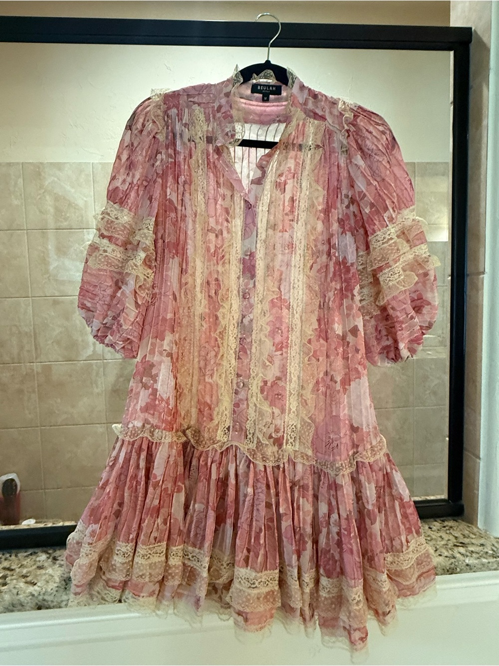 Beulah Pink Lace Ruffle Mini Dress